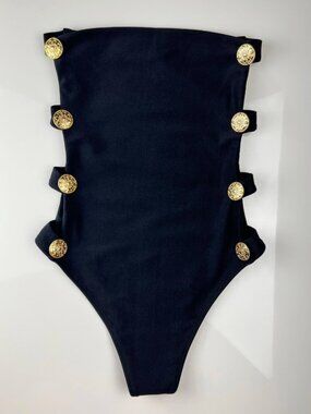 Black Strapless One Piece Swimsuit Gold Button Cutout Brazilian